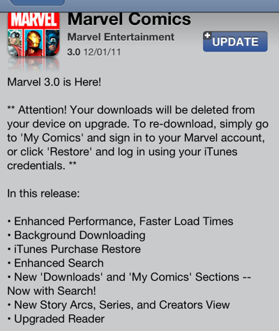 marvel3.0 Marvel updates app to 3.0 but you must redownload all your purchases